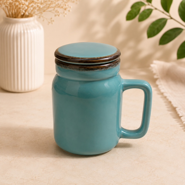 Mason Jar | Turquoise Ceramic Mug with Lid | 420ml