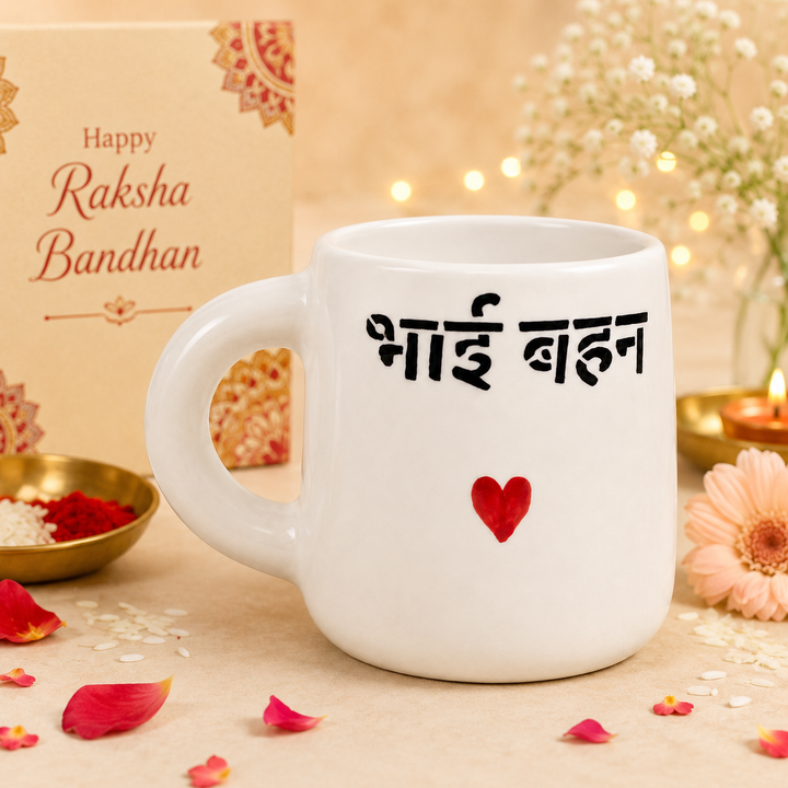 Athena Home Raksha Bandhan Gift Combo | "Bhai Behen" Ceramic Coffee Mug with 2 Designer Rakhis & Greeting Card | Gift Set for Siblings | 300 ml