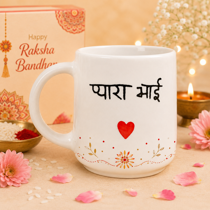 Athena Home Raksha Bandhan Gift Combo | "Pyara Bhai" Ceramic Coffee Mug with 2 Designer Rakhis & Greeting Card | Gift Set for Brother | 300 ml