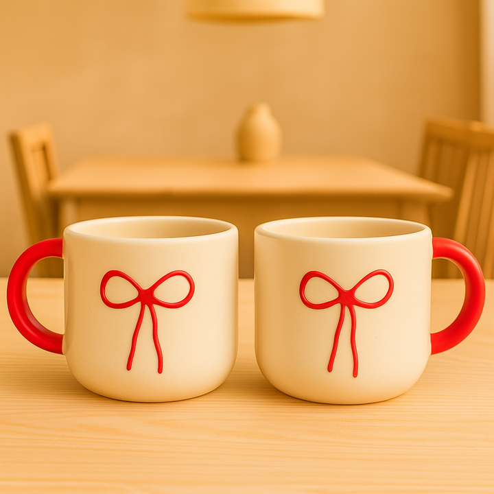 Set of 2 | Handcrafted Bow Design Ceramic Mug | Cream & Red Coffee & Tea Cup | Artistic Ceramic Drinkware by Athena Home