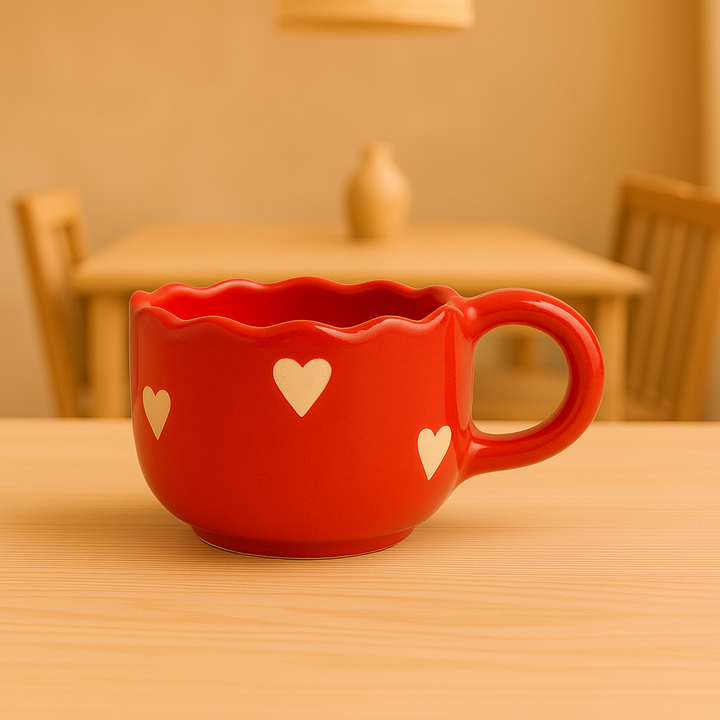 Handcrafted Red Heart Ceramic Cup | Wavy-Edge Glossy Mug for Coffee, Tea & Gifting