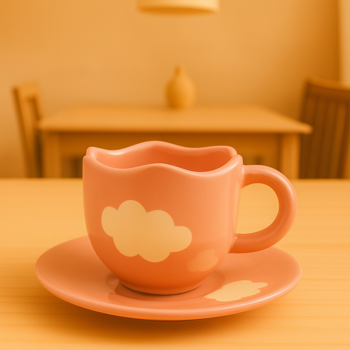 Cloud Design Ceramic Cup & Saucer Set | Pastel Pink | Handcrafted | Athena Home