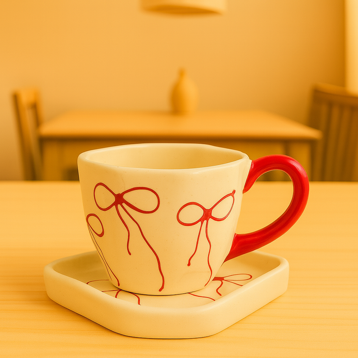 Handcrafted Bow Design Ceramic Cup & Saucer Set | Elegant Cream & Red Drinkware for Home