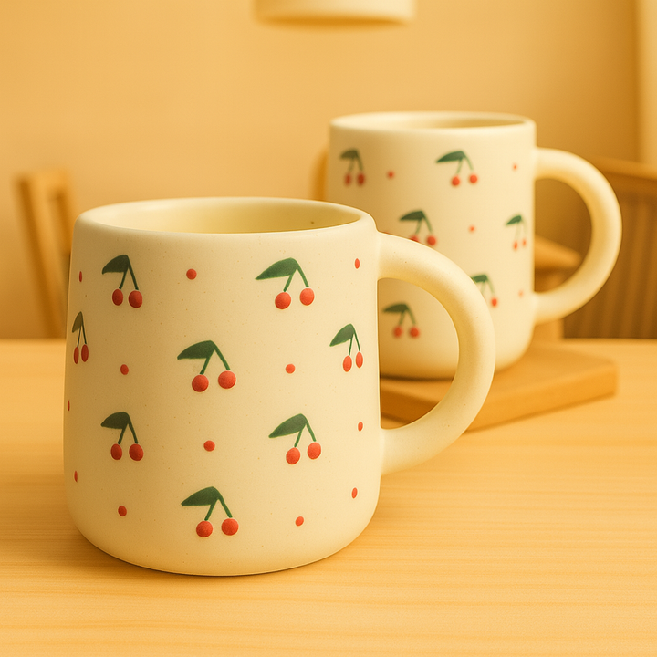 SET OF 2 | Handcrafted Cherry Ceramic Mug | Cream Coffee & Tea Cup | Artistic Ceramic Drinkware by Athena Home