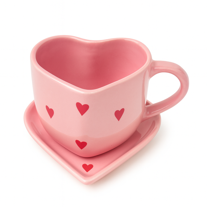 Athena Home Heart Shaped Pink Ceramic Coffee Mug with Saucer | Red Heart Print