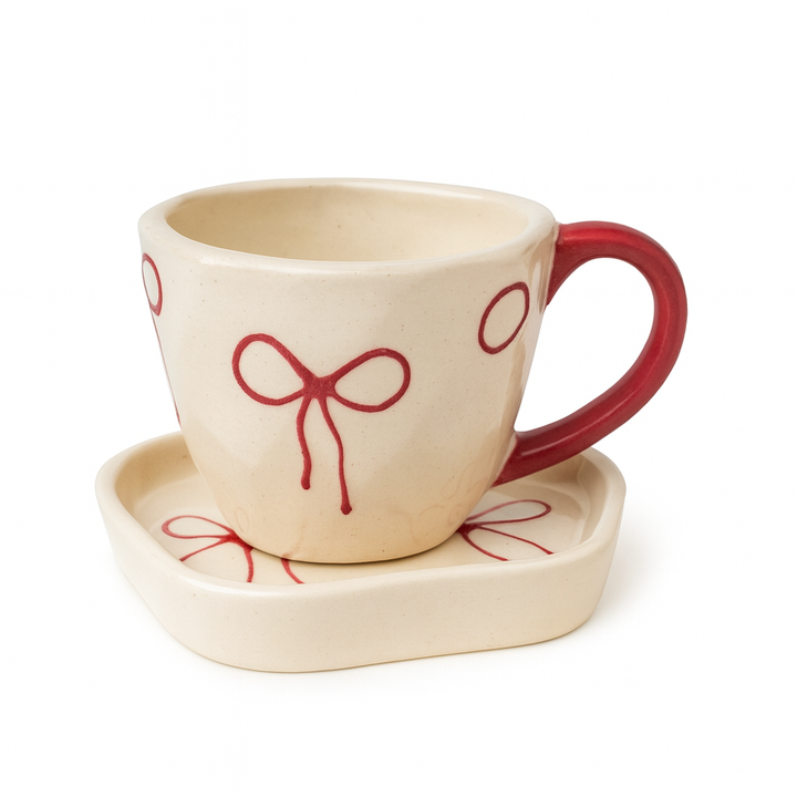 Handcrafted Bow Design Ceramic Cup & Saucer Set | Elegant Cream & Red Drinkware for Home