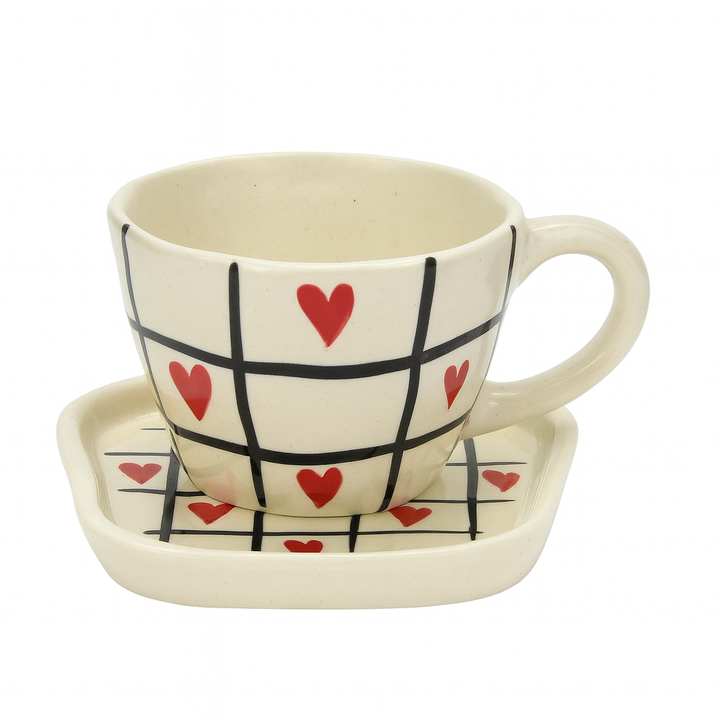 Handcrafted Grid & Heart Ceramic Cup & Saucer Set | Cream Coffee & Tea Mug for Gifting