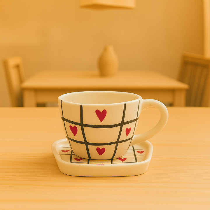 Handcrafted Grid & Heart Ceramic Cup & Saucer Set | Cream Coffee & Tea Mug for Gifting