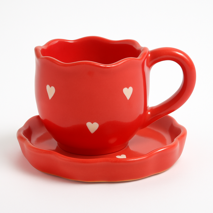 Handcrafted Red Heart Ceramic Cup & Saucer Set | Glossy Red Mini Coffee Mug for Home