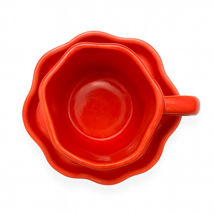 Handcrafted Red Heart Ceramic Cup & Saucer Set | Glossy Red Mini Coffee Mug for Home