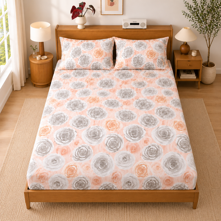 Peach & Grey Floral Queen Size Bedsheet with 2 Pillow Covers | Soft Cotton Double Bed Sheet