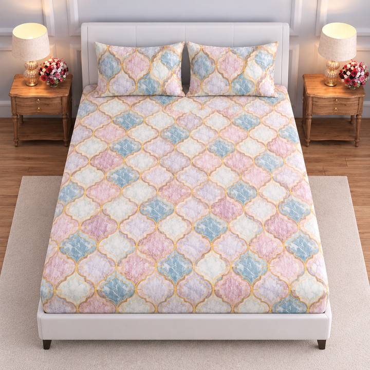 Pastel Geometric Bedsheet with 2 Pillow Covers – Queen Size (90 x 100 Inches) | Soft Cotton Bedsheet