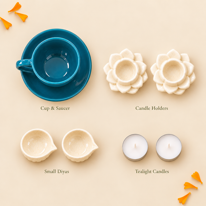 Athena Home Diwali Gift Hamper | Ceramic Cup & Saucer, 2 Flower Diya Holders, 2 Small Diyas & 2 Tealight Candles