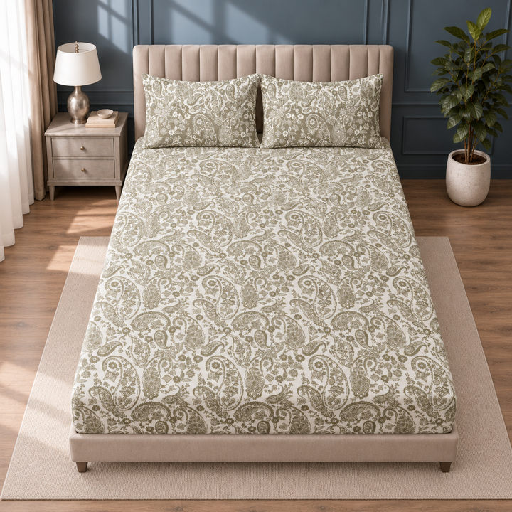 Sage Green Paisley Queen Size Bedsheet with 2 Pillow Covers | Soft Cotton Double Bed Sheet