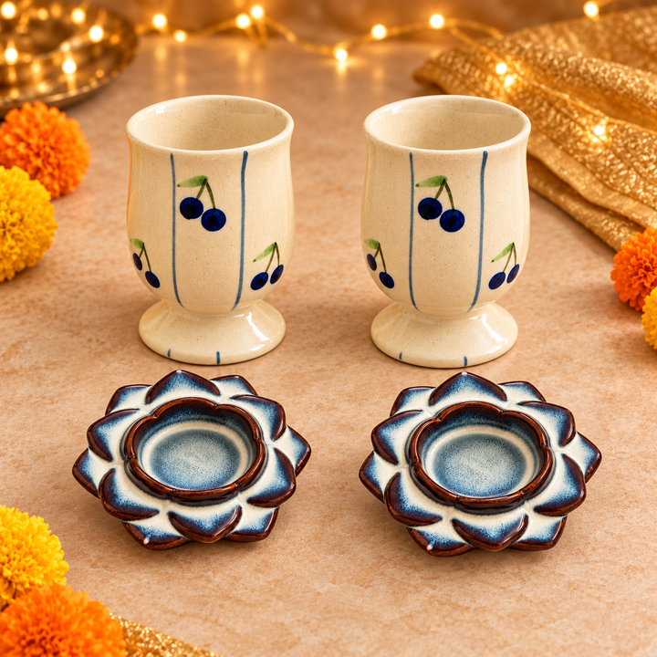 Athena Home Diwali Gift Set | 2 Blueberry Print Ceramic Cups & 2 Flower Diya/Candle Holders