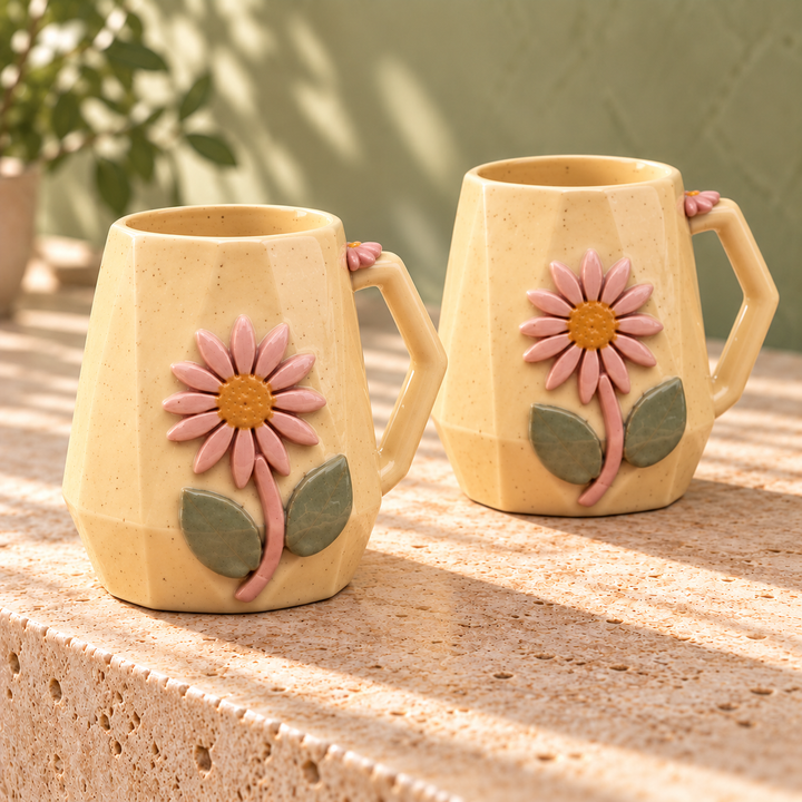 Athena Home Pink Daisy Ceramic Coffee Mugs – Yellow, Set of 2