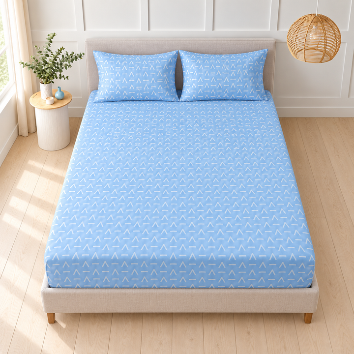 Sky Blue Geometric Queen Size Bedsheet with 2 Pillow Covers | Soft Cotton Double Bed Sheet
