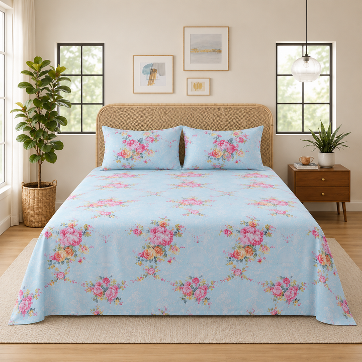 Blue Floral Bedsheet with 2 Pillow Covers – Queen Size (90 x 100 Inches) | Soft Cotton Bedsheet