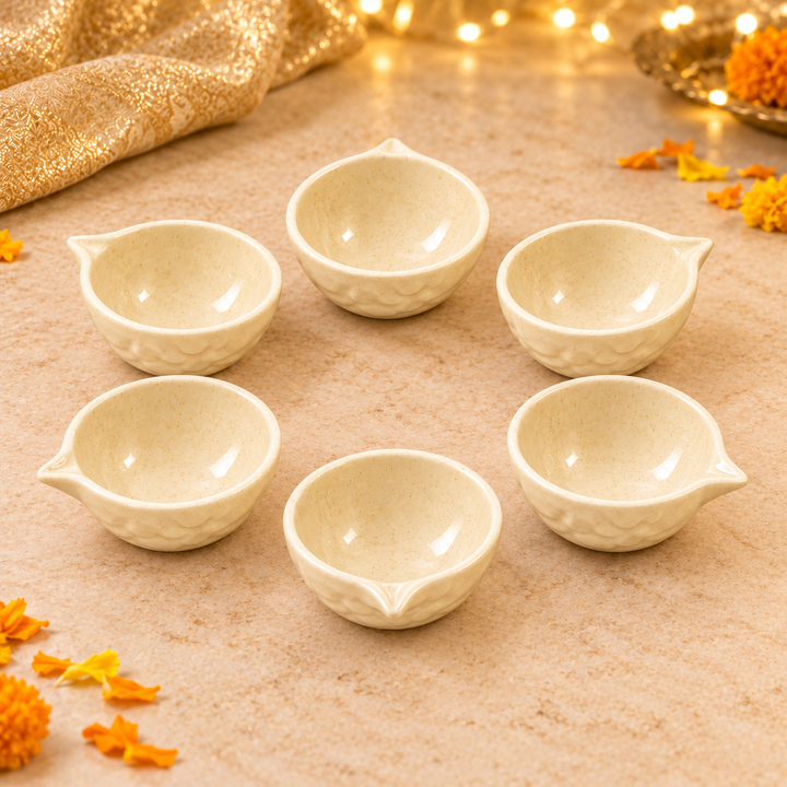Athena Home Ivory Ceramic Diyas for Diwali & Pooja – Set of 6