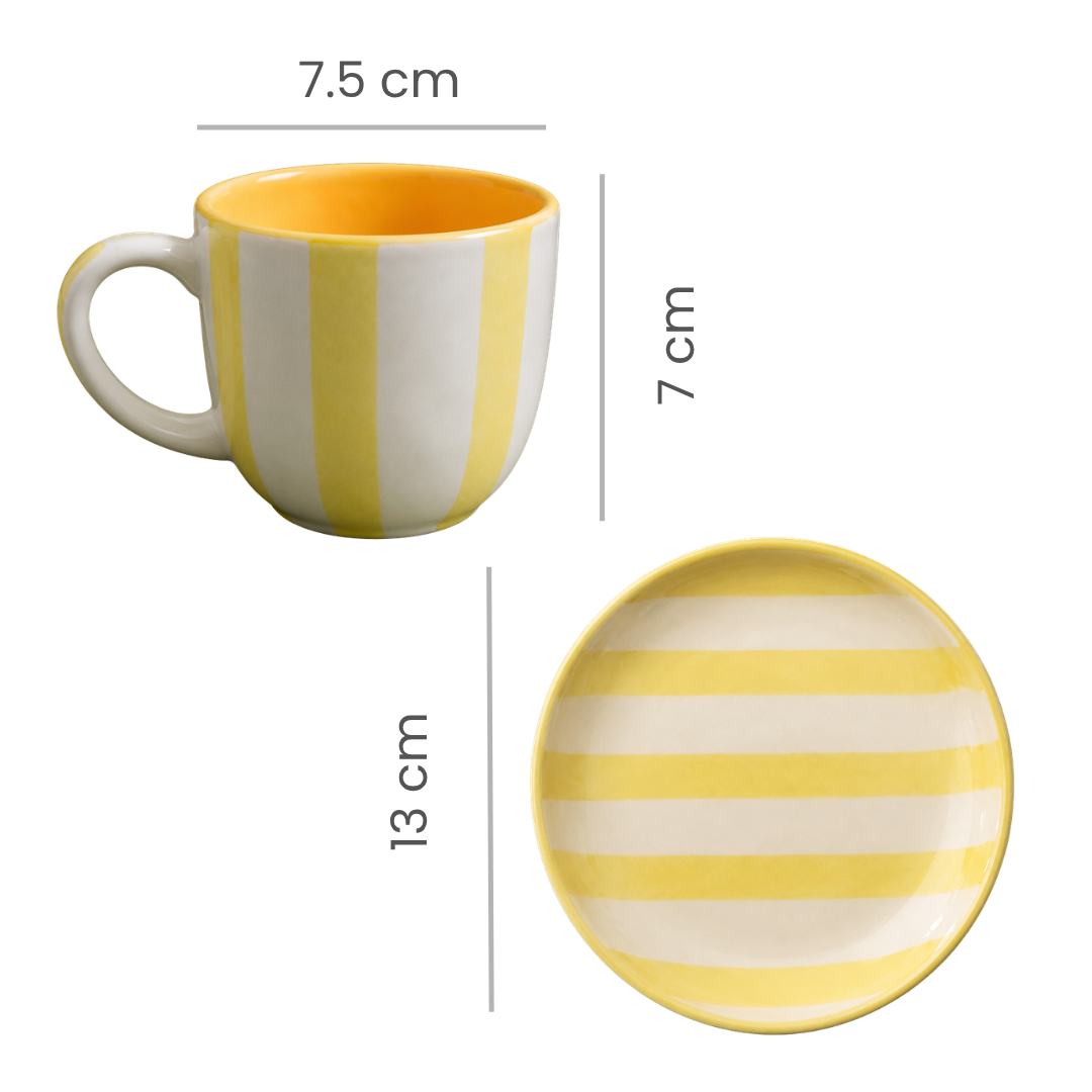 Athena Home Ceramic Tea Cup & Saucer Set of 2 | Yellow Striped Coffee Cups | Premium Ceramic Cup Set | 220 ml