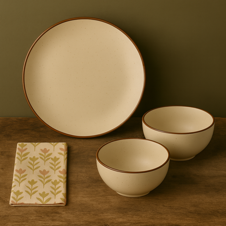 Premium Ceramic Dinner & Bowl Set | Speckled Matte Beige Stoneware Plate & Bowls | Handcrafted Brown Rim | Microwave & Dishwasher Safe