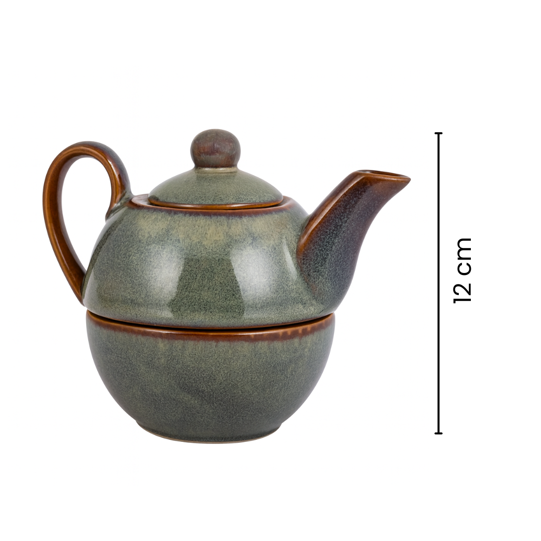 Premium Stackable Ceramic Teapot with Cup Set | Handcrafted Stoneware Tea Pot & Cup | Dual Tone Green Brown | Microwave & Dishwasher Safe | Elegant Tea Serving Set