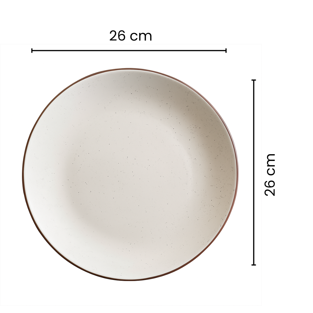 Premium Ceramic Dinner Set | Speckled Matte Beige Stoneware Plates & Bowls | Handcrafted with Brown Rim | Microwave & Dishwasher Safe