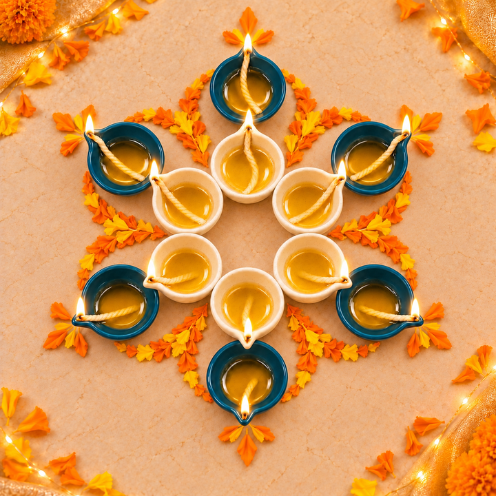 Athena Home Ivory & Teal Ceramic Diyas for Diwali & Pooja – Set of 12