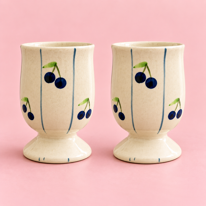 Athena Home Ceramic Coffee Cups Set of 2 | Blueberry Print Pedestal Cups
