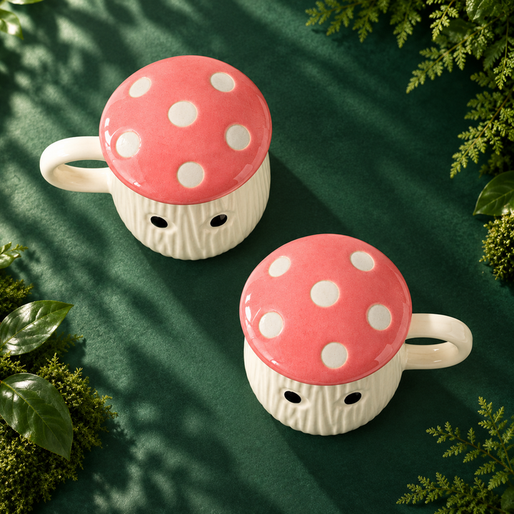 Athena Home Pink Mushroom Ceramic Mugs with Lids – Set of 2