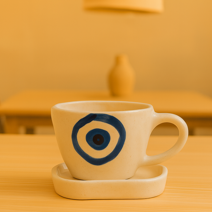 Handcrafted Evil Eye Ceramic Cup & Saucer Set | Cream & Blue Coffee & Tea Mug for Gifting