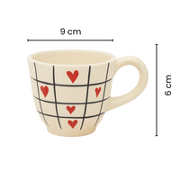 Handcrafted Grid & Heart Ceramic Cup & Saucer Set | Cream Coffee & Tea Mug for Gifting
