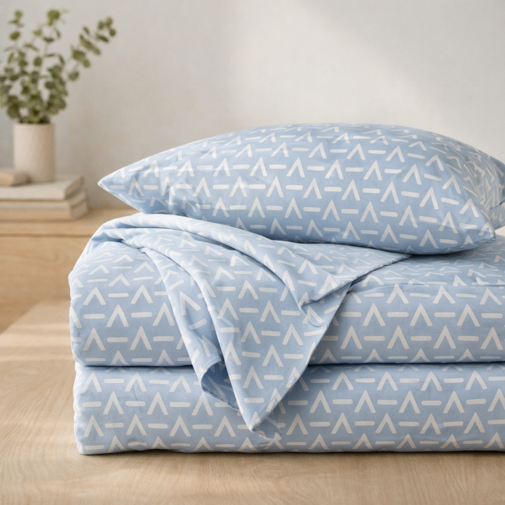 Sky Blue Geometric Queen Size Bedsheet with 2 Pillow Covers | Soft Cotton Double Bed Sheet