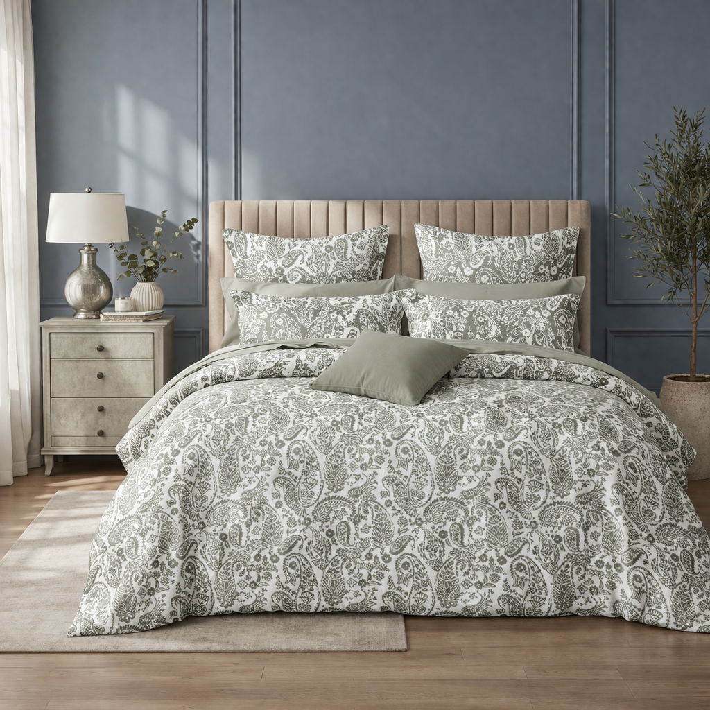 Sage Green Paisley Queen Size Bedsheet with 2 Pillow Covers | Soft Cotton Double Bed Sheet