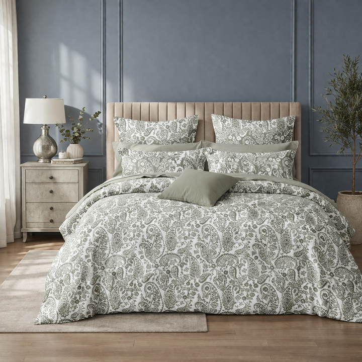 Sage Green Paisley Queen Size Bedsheet with 2 Pillow Covers | Soft Cotton Double Bed Sheet