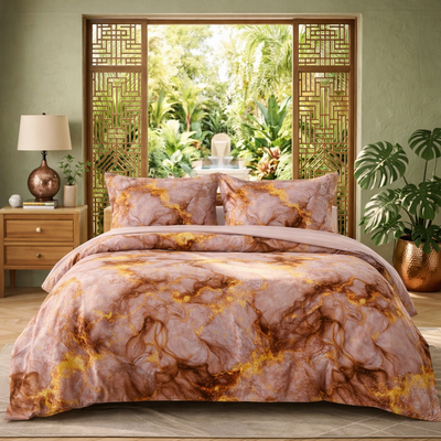 Rose Gold Marble Queen Size Bedsheet with 2 Pillow Covers | Soft Cotton Double Bed Sheet