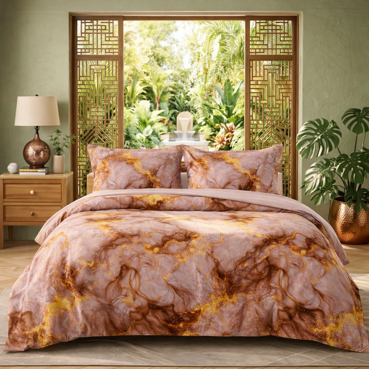Rose Gold Marble Queen Size Bedsheet with 2 Pillow Covers | Soft Cotton Double Bed Sheet