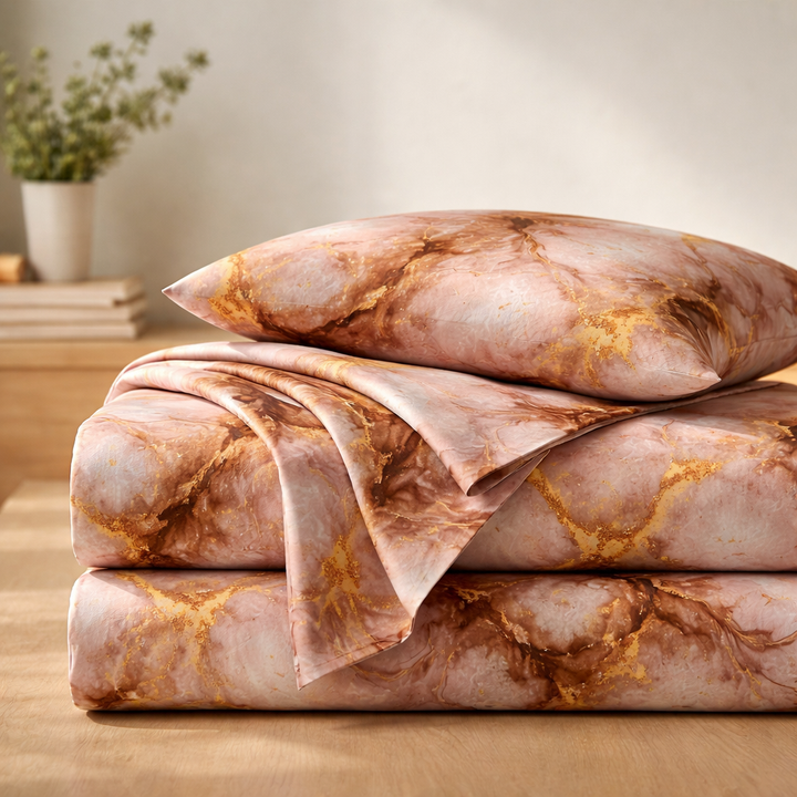 Rose Gold Marble Queen Size Bedsheet with 2 Pillow Covers | Soft Cotton Double Bed Sheet