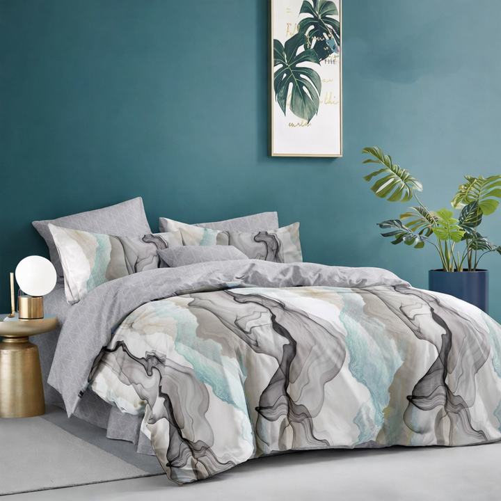 Grey & Teal Marble Queen Size Bedsheet with 2 Pillow Covers | Soft Cotton Double Bed Sheet