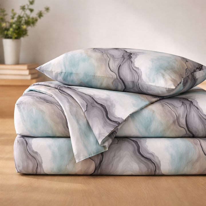 Grey & Teal Marble Queen Size Bedsheet with 2 Pillow Covers | Soft Cotton Double Bed Sheet