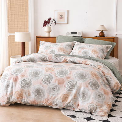 Peach & Grey Floral Queen Size Bedsheet with 2 Pillow Covers | Soft Cotton Double Bed Sheet