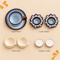 Athena Home Diwali Gift Hamper | Ceramic Cup & Saucer, Diya Holders, Diyas & Tealight Candles
