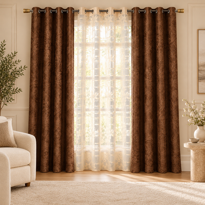 Athena Home Brown Damask & Beige Sheer Eyelet Curtains – Set of 3