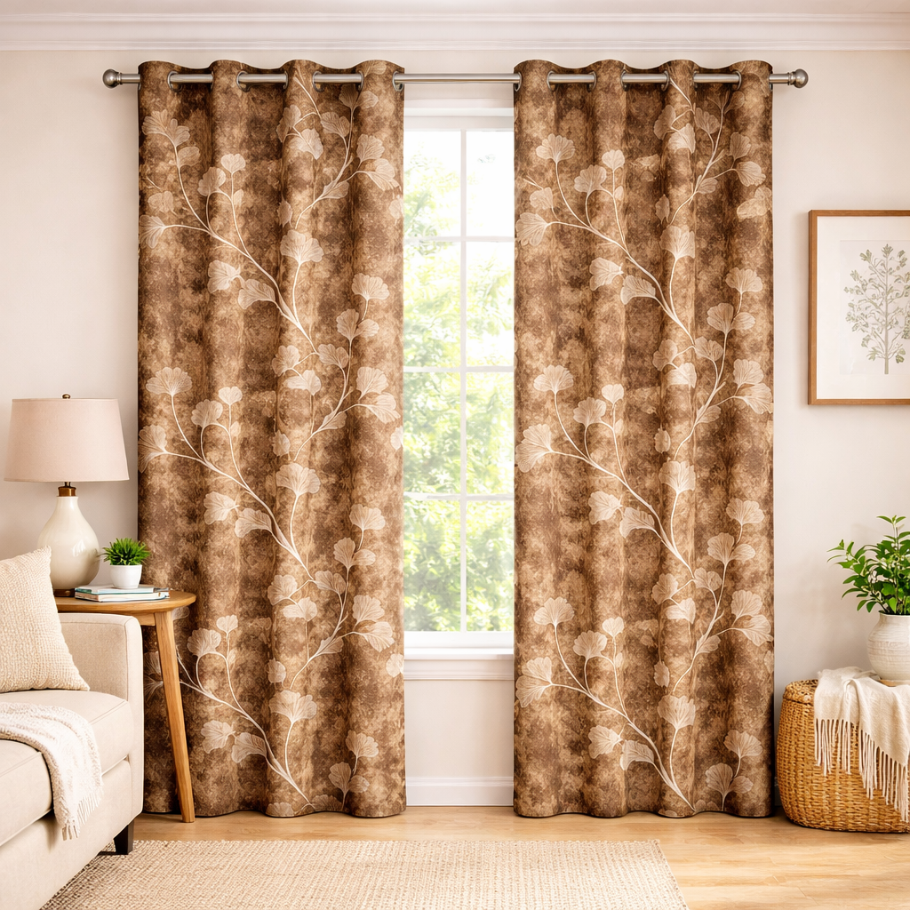 Brown Printed Curtains Set of 2 – Eyelet Window Curtains | Premium Polyester Fabric | Room Darkening & Elegant Floral Drapes | Living Room & Bedroom Curtains