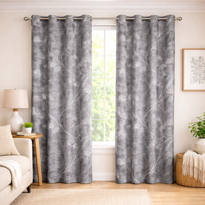 Grey Printed Curtains Set of 2 – Eyelet Window Curtains | Premium Polyester Fabric | Room Darkening & Elegant Floral Drapes | Living Room & Bedroom Curtains