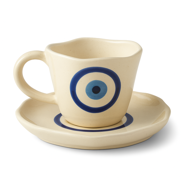Handcrafted Evil Eye Ceramic Cup & Saucer Set | Cream & Blue Coffee & Tea Mug for Gifting