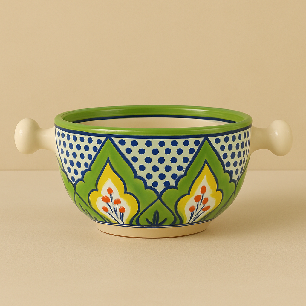 Multicolor Ceramic Soup Bowl with Handles – Traditional Pattern | Set of 1