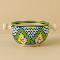 Multicolor Ceramic Soup Bowl with Handles – Traditional Pattern | Set of 1
