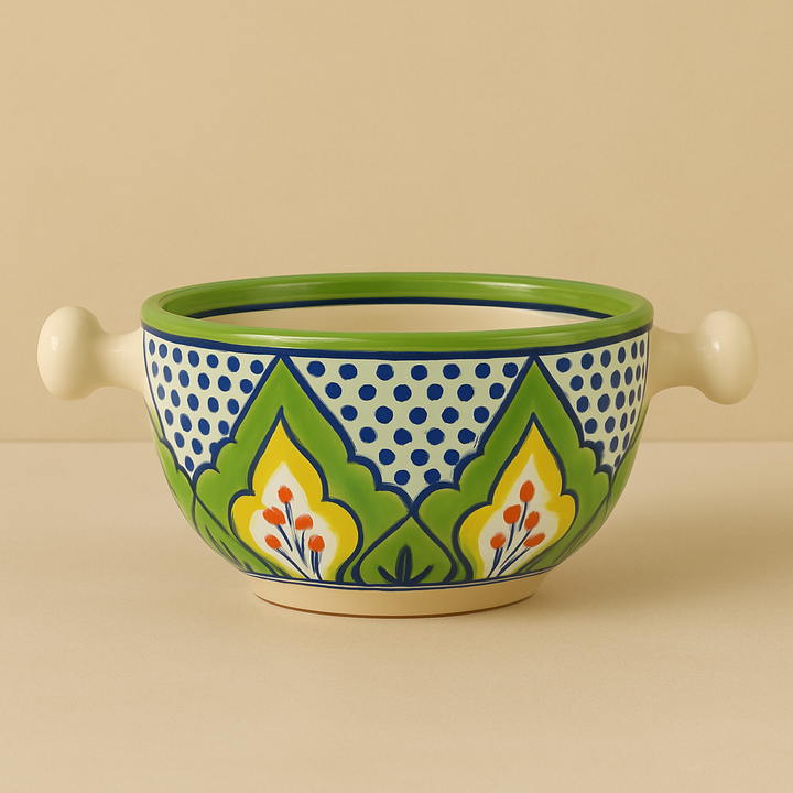 Multicolor Ceramic Soup Bowl with Handles – Traditional Pattern | Set of 1