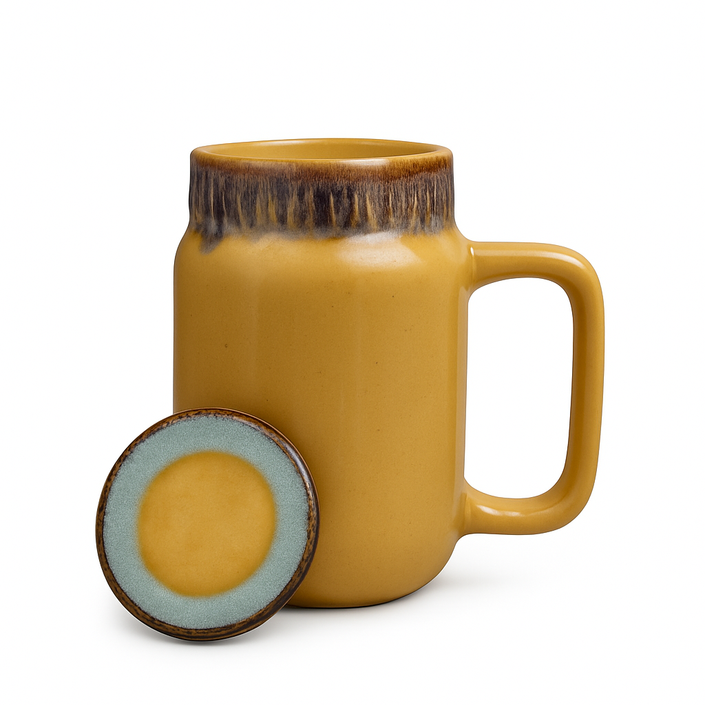 Mason Jar | Mustard Ceramic Mug with Lid | 420ml